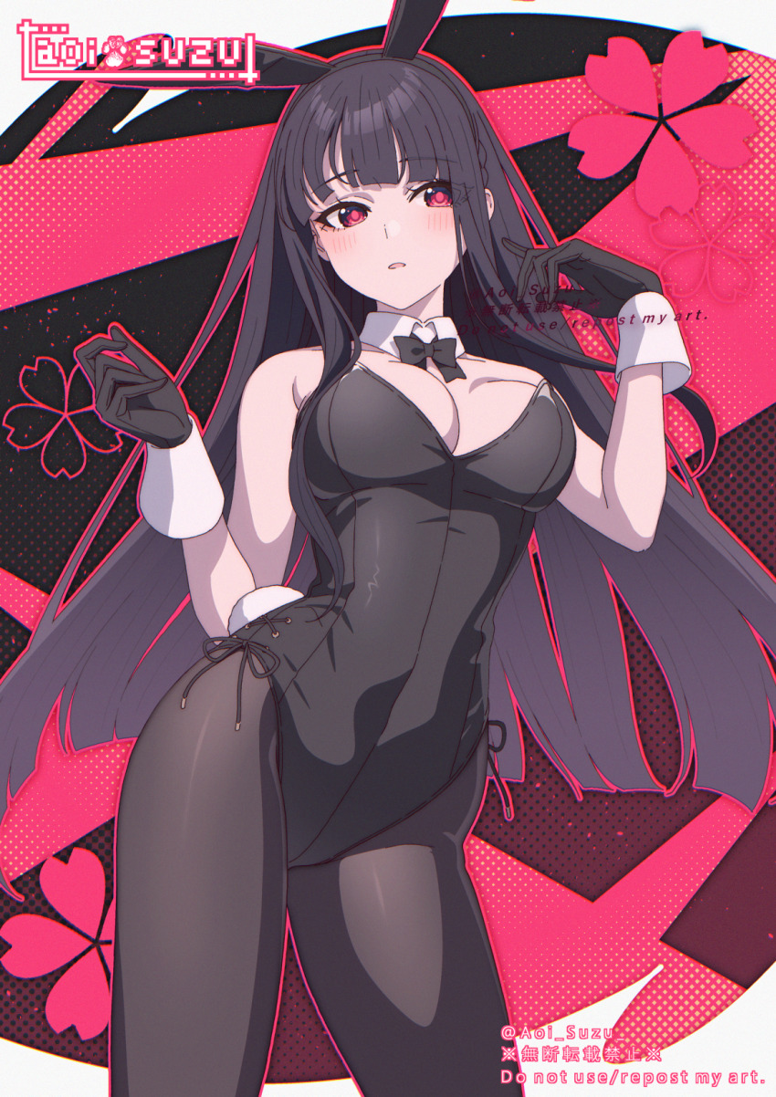 1girl animal_ears aoi_suzu bare_shoulders black_bow black_bowtie black_gloves black_hair black_leotard black_pantyhose blunt_bangs bow bowtie breasts cleavage detached_collar fake_animal_ears fake_tail fuyuka_(aoi_suzu) gloves hands_up highres leotard looking_at_viewer original pantyhose parted_lips playboy_bunny rabbit_ears rabbit_tail red_eyes solo standing tail traditional_bowtie white_wrist_cuffs wrist_cuffs