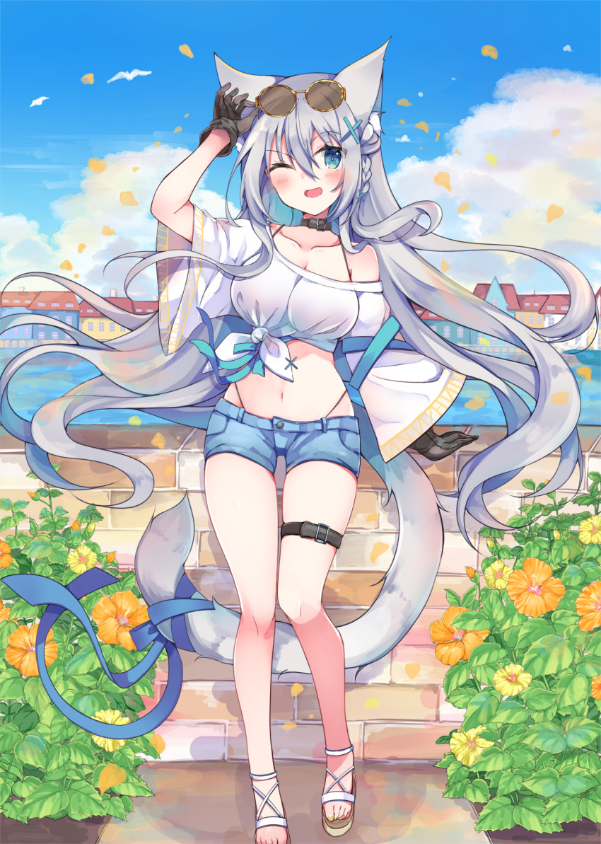 1girl animal_ears black_gloves blue_eyes blush breasts cat_ears collar day eyewear_on_head gloves hair_between_eyes highleg highleg_panties highres long_hair looking_at_viewer medium_breasts navel one_eye_closed open_mouth original outdoors panties satsuki_mayuri shirt short_shorts shorts silver_hair solo sunglasses thigh_strap tied_shirt underwear