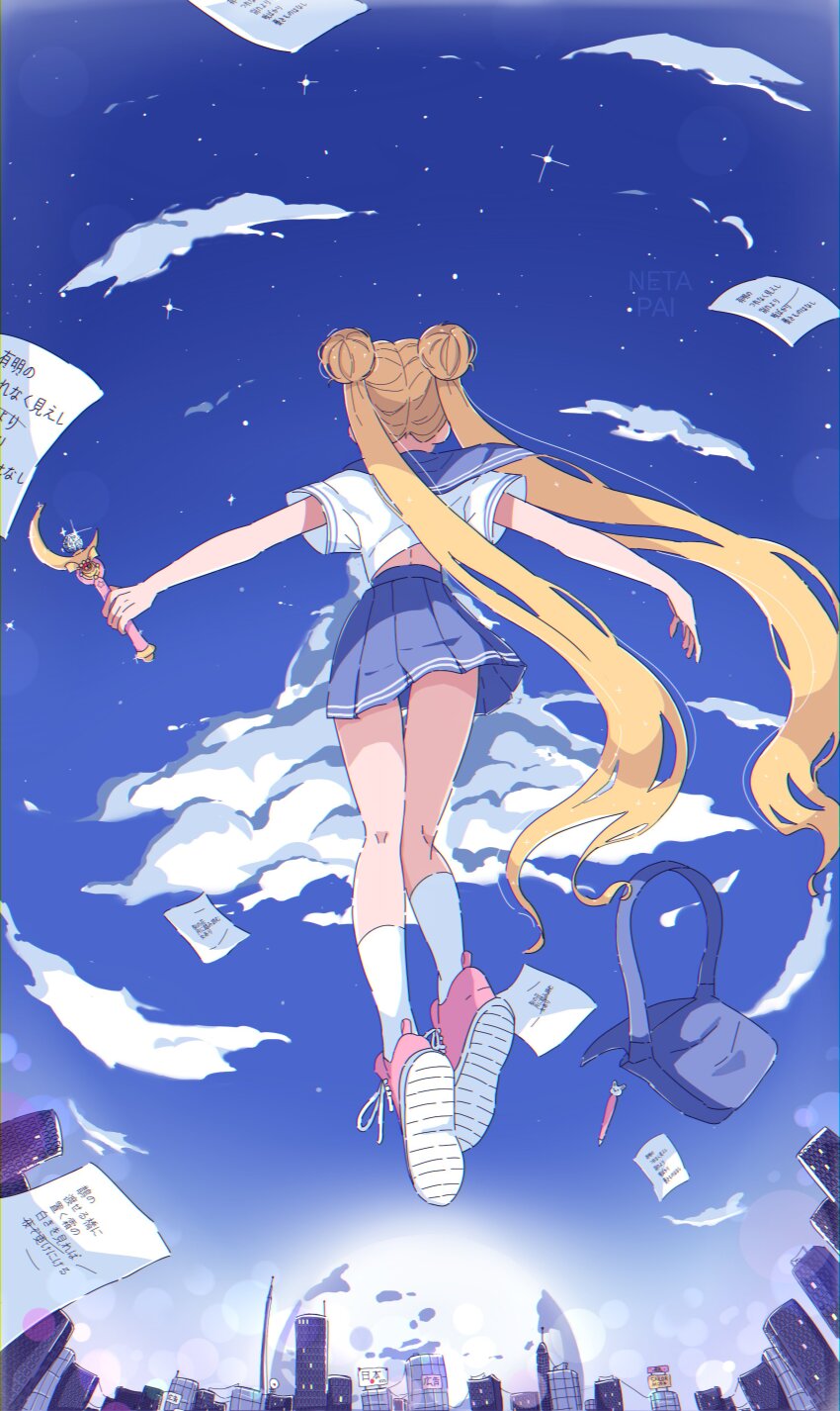 1girl absurdres bag bishoujo_senshi_sailor_moon bishoujo_senshi_sailor_moon_(first_season) blonde_hair blue_skirt cityscape cloud double_bun facing_away fisheye floating floating_object from_behind from_below full_body hair_bun highres holding holding_wand long_hair maboroshi_no_ginzuishou moon_stick_(sailor_moon) netapai1 outdoors outstretched_arms paper perspective pink_footwear pleated_skirt shoe_soles short_sleeves skirt sky socks solo tsukino_usagi twintails unworn_bag very_long_hair wand white_socks