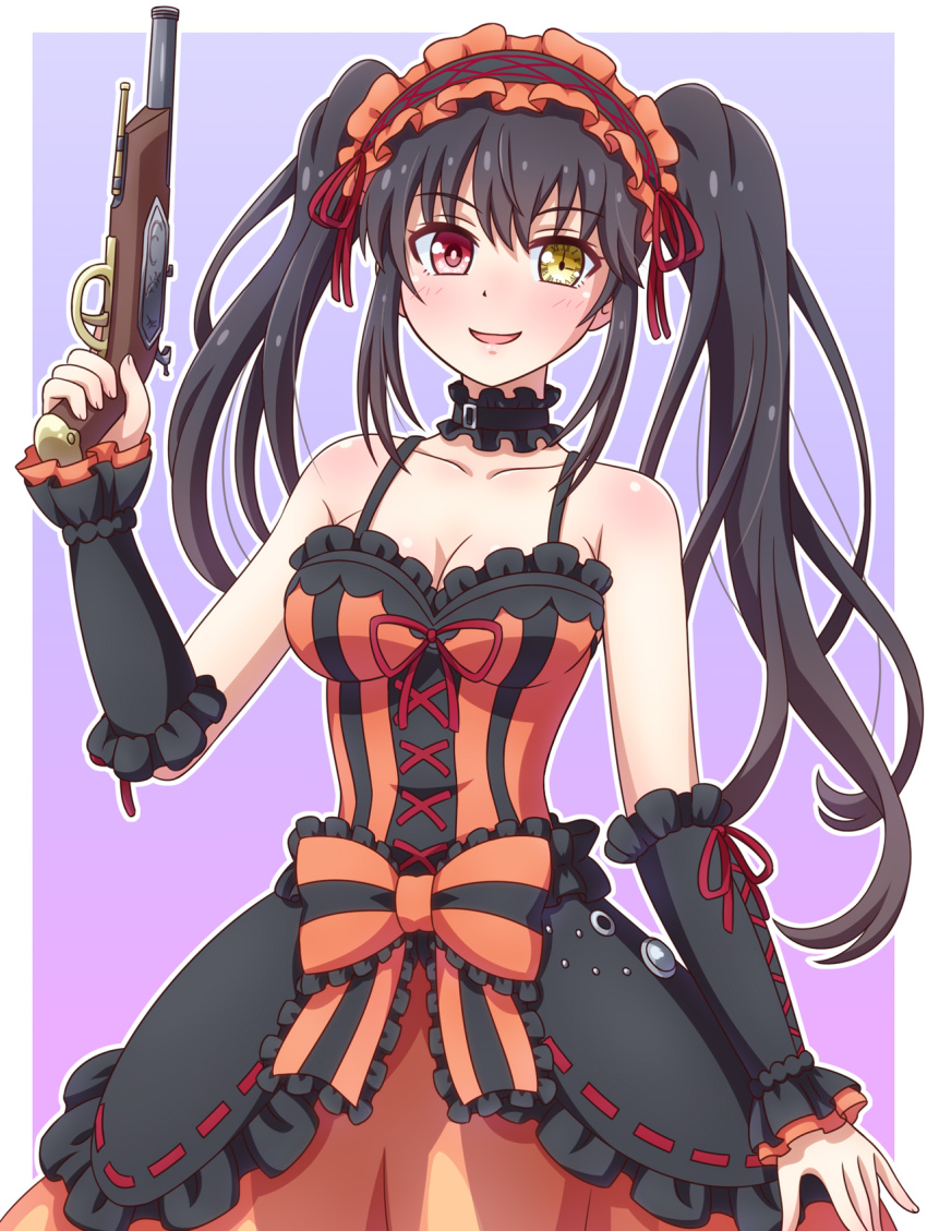 1girl :d antique_firearm asymmetrical_hair black_hair border bow breasts choker cleavage clock_eyes collarbone date_a_live detached_sleeves dress firearm firelock flintlock frills gun hairband hand_up handgun heterochromia highres holding holding_gun holding_weapon lolita_fashion lolita_hairband long_hair looking_at_viewer medium_breasts open_mouth orange_bow orange_dress red_eyes smile solo spaghetti_strap symbol-shaped_pupils tokisaki_kurumi twintails very_long_hair weapon white_border yellow_eyes yosuzu