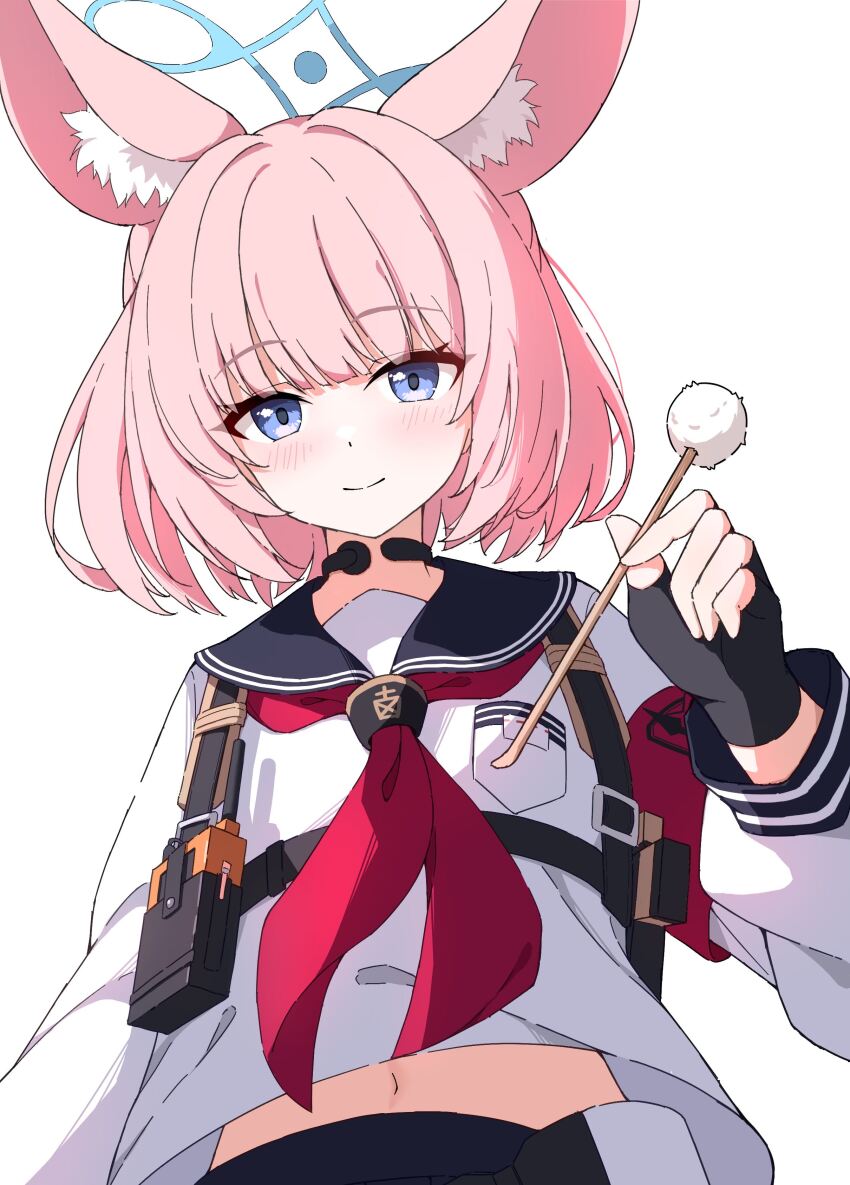 1girl absurdres animal_ear_fluff animal_ears black_gloves blue_archive blue_eyes blue_halo blue_sailor_collar blush breast_pocket closed_mouth commentary fingerless_gloves fox_ears gloves halo highres holster looking_at_viewer midriff mimikaki moru_(moru20000) navel neckerchief niko_(blue_archive) pink_hair pocket red_neckerchief sailor_collar shirt short_hair simple_background smile solo upper_body white_background white_shirt