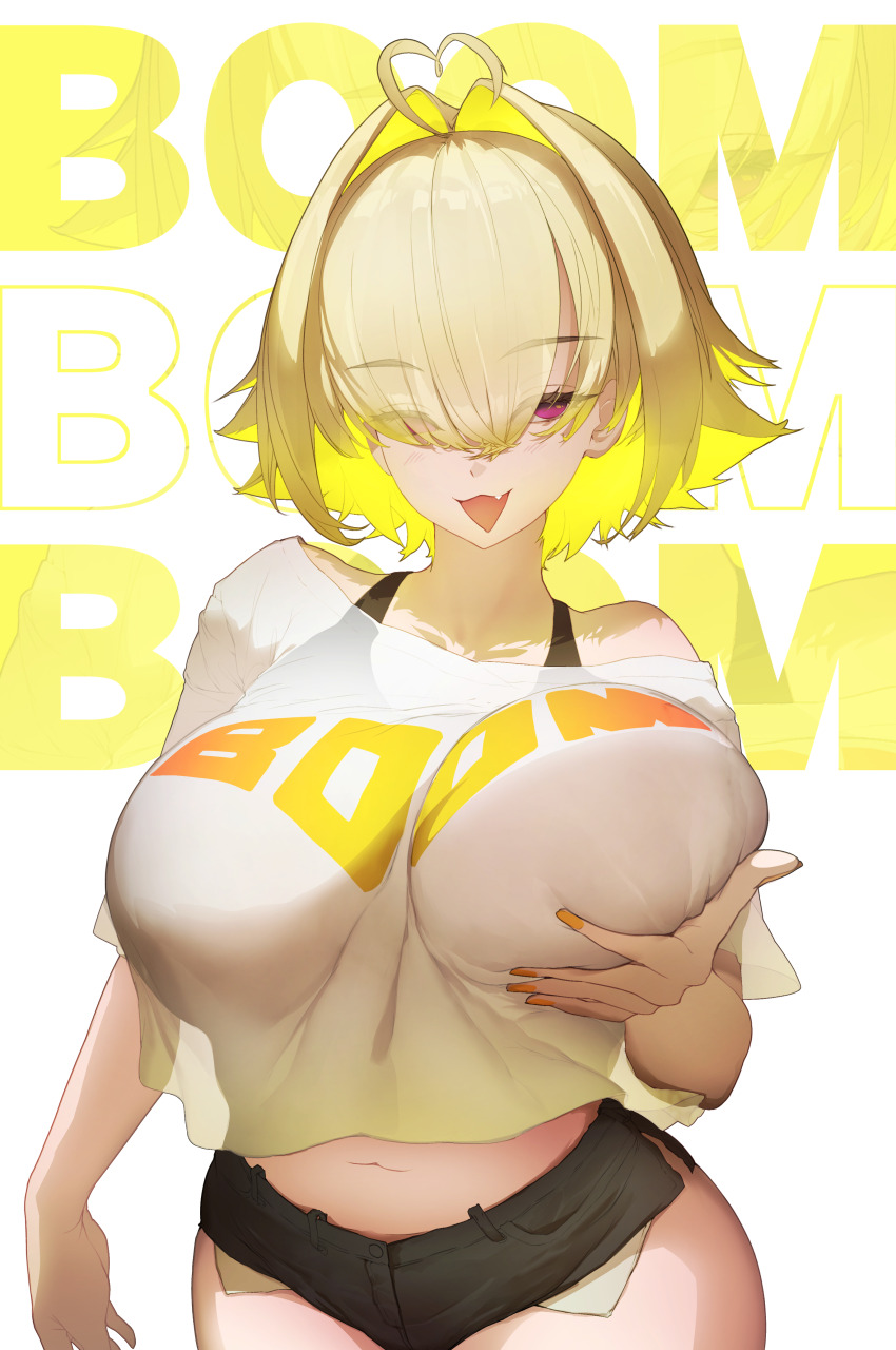 1girl :3 :d absurdres ahoge alternate_costume black_shorts blonde_hair blush breast_lift breasts clothes_writing commentary elegg_(nikke) english_commentary eyes_visible_through_hair fang fangs goddess_of_victory:_nikke grabbing_own_breast hair_intakes hair_over_one_eye heart heart_ahoge highres houh888 huge_breasts nail_polish navel open_mouth orange_nails shirt short_shorts short_sleeves shorts simple_background smile solo white_background white_shirt