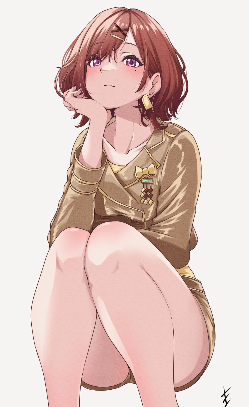 1girl absurdres bare_legs blush brown_hair collarbone earrings endo_yohane gold_jacket hair_ornament hairclip hand_on_own_chin highres higuchi_madoka idolmaster idolmaster_shiny_colors jewelry long_sleeves looking_at_viewer mole mole_under_eye purple_eyes short_hair simple_background solo thighs white_background x_hair_ornament