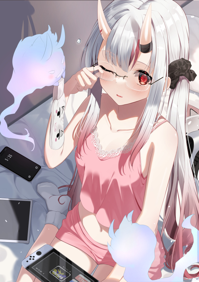 1girl absurdres alternate_costume bespectacled blush borumete camisole cellphone commentary_request ghost glasses gradient_hair grey_hair highres holding holding_mask hololive horns indoors karma_(nakiri_ayame) long_hair looking_at_viewer low_ponytail mask multicolored_hair nakiri_ayame navel nintendo_switch on_bed one_eye_closed parted_lips phone pink_camisole pink_shorts rectangular_eyewear red_eyes red_hair rimless_eyewear shiranui_(nakiri_ayame) short_shorts shorts sidelocks sitting skin-covered_horns sleep_mask smartphone solo streaked_hair tablet_pc very_long_hair virtual_youtuber wariza