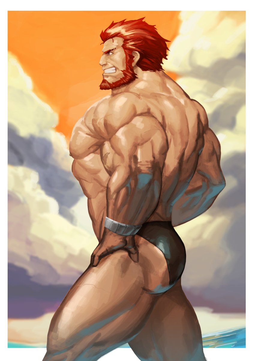 1boy absurdres ass bara beach beard black_male_swimwear black_swim_briefs bracelet cloud cloudy_sky facial_hair fate/grand_order fate_(series) hand_on_own_hip highres iskandar_(fate) jewelry large_pectorals looking_to_the_side male_focus male_swimwear manly muscular pectorals red_eyes red_hair simple_background sky smile solo standing swim_briefs swimsuit teeth thighs traver009