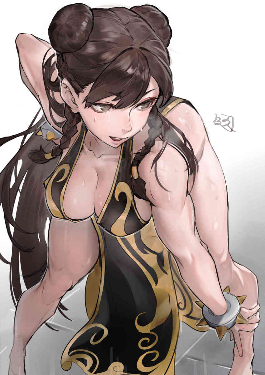 1girl absurdres artist_name bare_shoulders bracelet breasts brown_eyes brown_hair capcom china_dress chinese_clothes chun-li cleavage collarbone commentary dress gradient_background highres jewelry juaag_acgy leaning_forward long_hair open_mouth pelvic_curtain shiny_skin signature simple_background sleeveless spiked_bracelet spikes street_fighter street_fighter_v sweat sweatdrop teeth upper_teeth_only