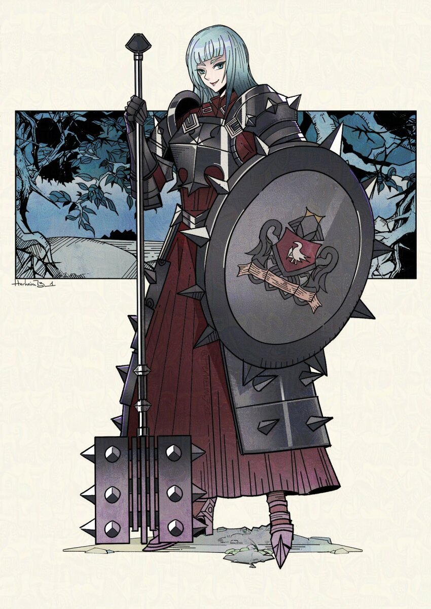 1girl alcina_(unicorn_overlord) armor armored_dress artist_name blunt_bangs commentary dress english_commentary full_body green_hair hammer herheim highres hime_cut holding holding_hammer holding_shield looking_at_viewer shield simple_background smile solo spiked_armor spiked_pauldrons unicorn_overlord