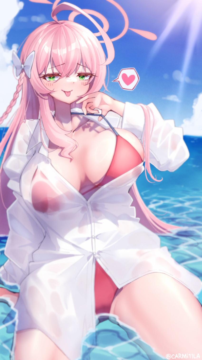 1girl antenna_hair bikini blue_archive blue_skirt braid carmi11la green_eyes hanako_(blue_archive) hanako_(swimsuit)_(blue_archive) heart looking_at_viewer ocean pink_hair red_bikini shirt single_braid sitting skirt solo swimsuit tongue tongue_out twitter twitter_username white_shirt