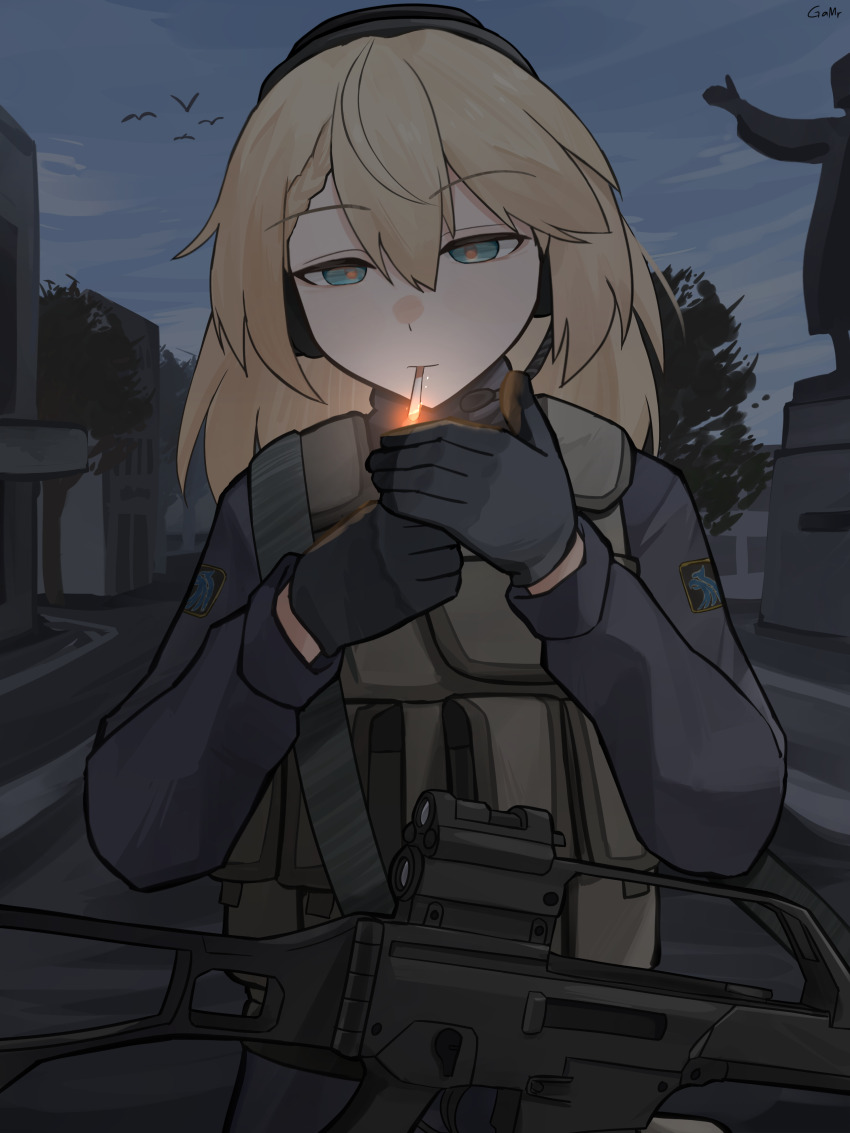 1girl absurdres assault_rifle bird black_gloves blonde_hair blue_eyes braid braided_bangs building bulletproof_vest cigarette g36_(girls&#039;_frontline) gamryous girls&#039;_frontline gloves green_pants grey_shirt gun gun_sling h&amp;k_g36 highres lighting_cigarette long_hair long_sleeves mercenary optical_sight outdoors pants reflex_sight rifle shirt single_braid smoking solo stalker_(game) statue variant_set vladimir_lenin weapon