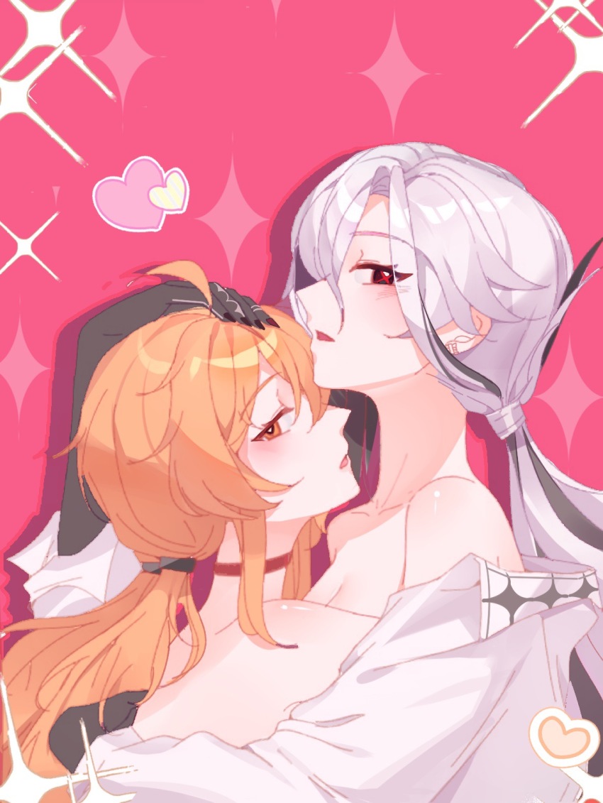 2girls ahoge arlecchino_(genshin_impact) artist_request bare_shoulders black_nails breasts chinese_commentary choker cleavage collarbone collared_shirt colored_skin commission couple fingernails from_side genshin_impact grey_hair hair_between_eyes hand_on_another&#039;s_head highres hug huge_ahoge large_breasts leaning_forward leaning_on_person light_blush liuboyi33444 long_hair long_sleeves looking_at_viewer looking_to_the_side low_ponytail low_twintails multicolored_background multicolored_hair multicolored_skin multiple_girls off_shoulder open_mouth orange_eyes orange_hair original pink_background ponytail red_pupils shade sharp_fingernails shirt streaked_hair symbol-shaped_pupils twintails two-tone_hair two-tone_skin white_shirt x-shaped_pupils x_x yuri