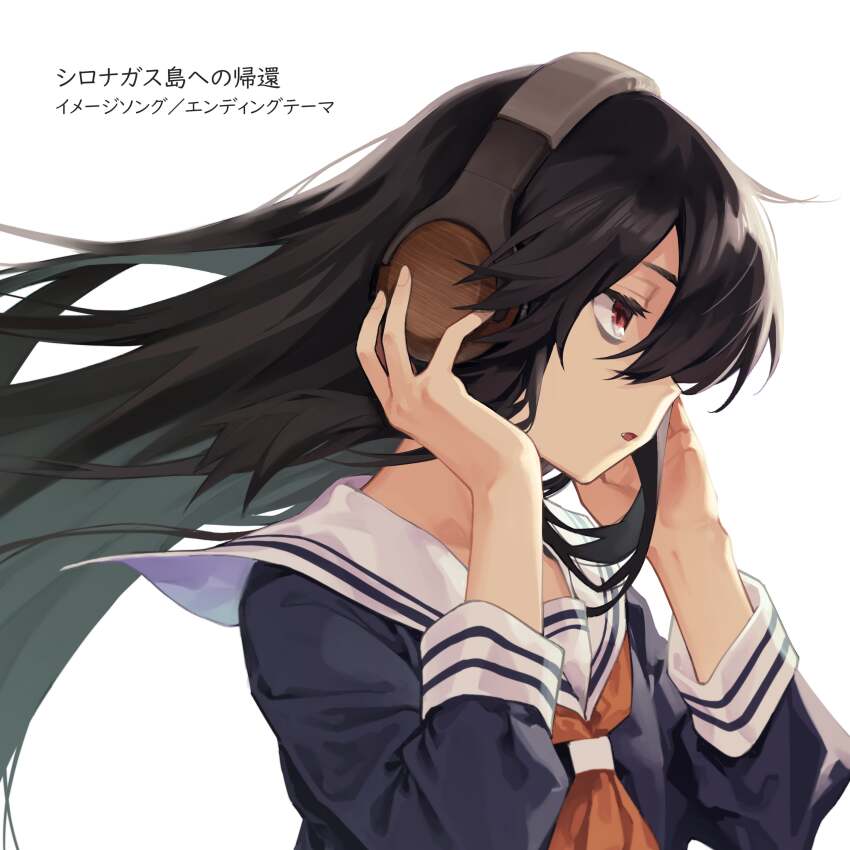 1girl absurdres album_cover black_hair cover floating_hair headphones highres izumozaki_neneko long_hair looking_to_the_side muchi_maro official_art parted_lips red_eyes school_uniform serafuku shironagasu-tou_e_no_kikan solo upper_body white_background