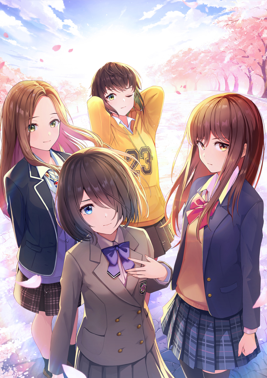 4girls absurdres arms_behind_head black_hair black_jacket black_legwear black_skirt blazer blue_eyes blue_jacket blue_neckwear blue_sky bob_cut bow bowtie brown_eyes brown_hair brown_jacket brown_skirt cardigan cherry_blossoms cloud dress_shirt enogu green_eyes grey_cardigan hair_strand highres hinata_nao_(iwamotochou_geinousha) hood hood_down hoodie iwamotochou_geinousha jacket kagawa_ichigo light_rays light_smile long_sleeves looking_at_viewer looking_up multiple_girls natsume_haru necktie official_art one_eye_closed parted_hair plaid_clothes plaid_skirt pleated_skirt red_neckwear school_uniform shirafuji_tamaki shirt short_hair skirt sky striped_neckwear sunbeam sunlight suzuki_anzu sweater_vest thighhighs tree virtual_youtuber white_shirt wind yellow_hoodie yellow_sweater_vest zettai_ryouiki