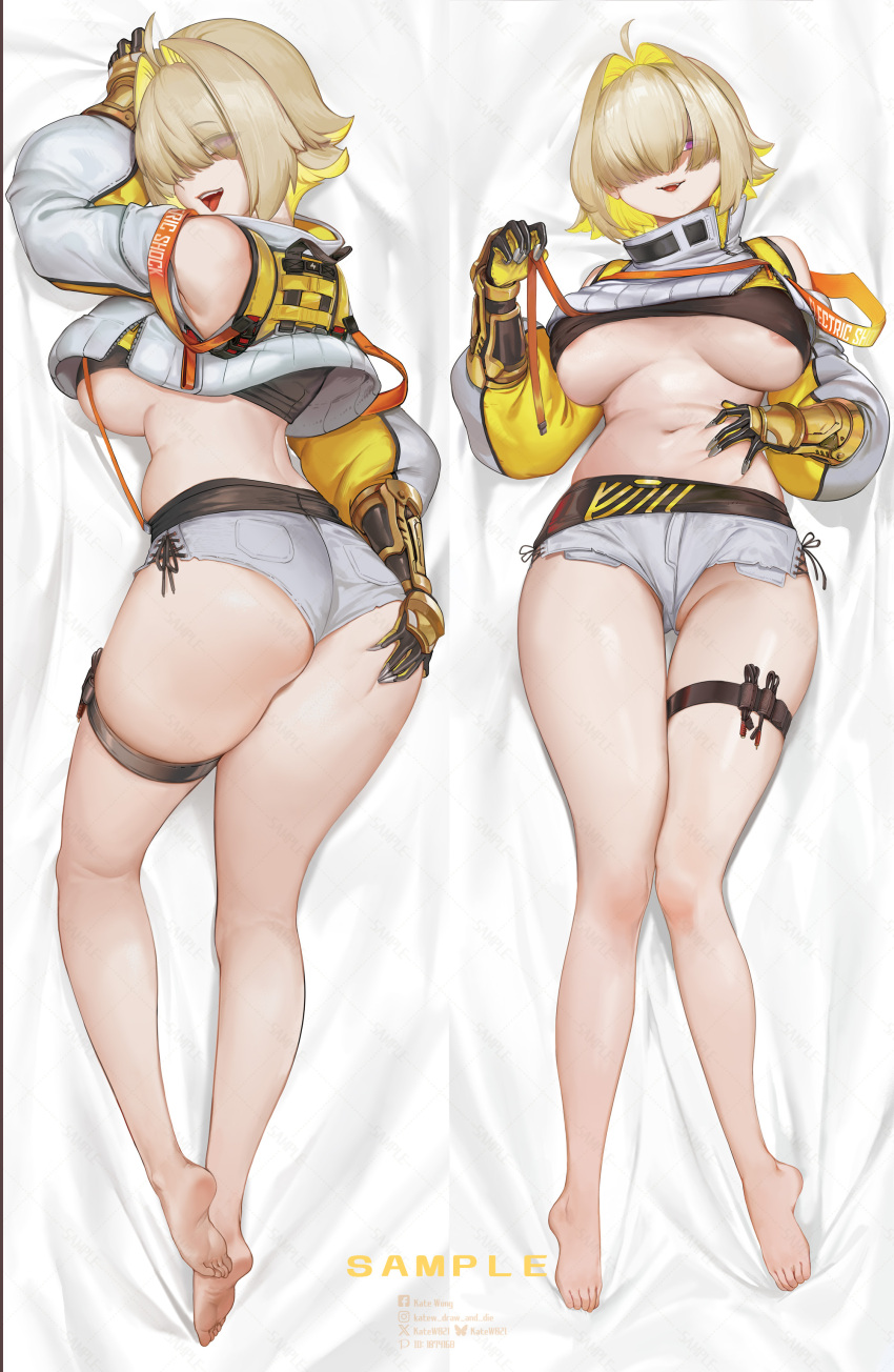 1girl absurdres ahoge areola_slip ass bare_shoulders barefoot black_shirt blonde_hair breasts colored_inner_hair cropped_jacket curvy dakimakura_(medium) elegg_(nikke) goddess_of_victory:_nikke hair_intakes hair_over_eyes highres jacket kate_wong large_breasts looking_at_viewer lying micro_shorts multicolored_hair multiple_views navel on_back on_side parted_lips shirt short_hair shorts sidelocks smile thigh_strap thighs white_jacket white_shorts