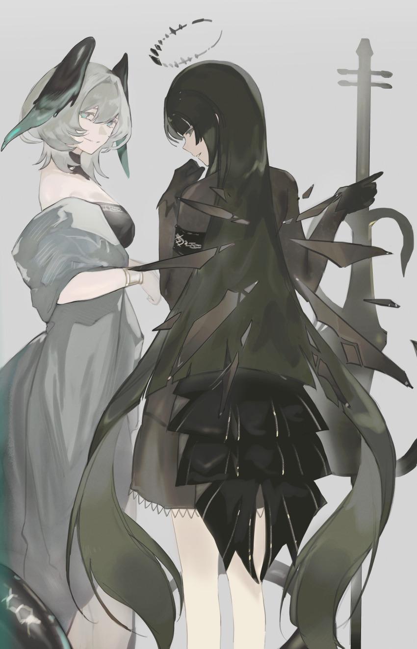 2girls absurdres arknights armband bare_shoulders black_dress black_gloves black_hair black_wings blue_wings breasts brown_jacket brown_skirt commentary dress gloves grey_background grey_hair halo head_wings highres ho&#039;olheyak_(arknights) jacket long_hair long_sleeves medium_breasts multiple_girls simple_background skirt tail very_long_hair virtuosa_(arknights) wings yuishironeko