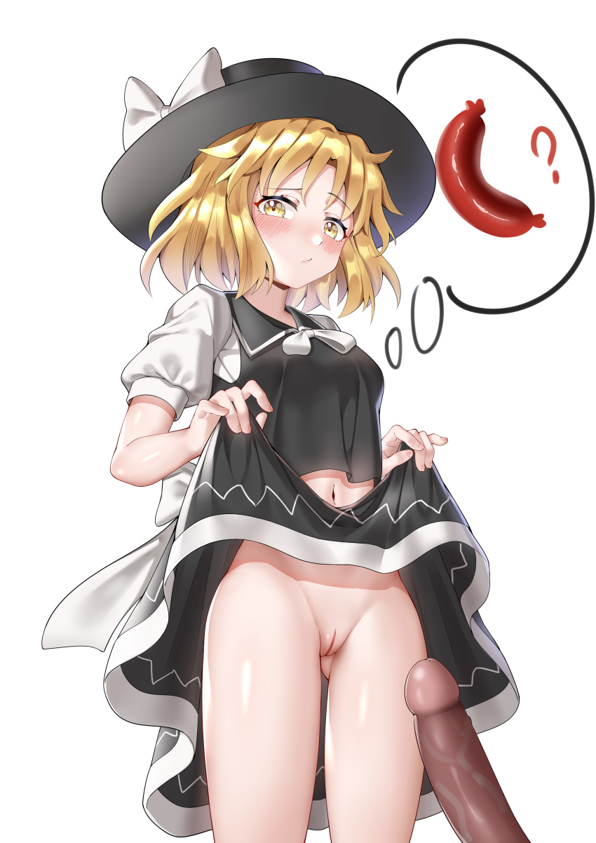 ? absurdres ailu_elf black_headwear black_vest blush bow breasts cleft_of_venus closed_mouth clothes_lift collared_vest commentary_request cowboy_shot fedora food gluteal_fold hat hat_bow highres legs lifting_own_clothes midriff navel no_panties penis pink_bow puffy_short_sleeves puffy_sleeves pussy ribbon sausage shirt short_sleeves simple_background skirt skirt_lift small_breasts smile speech_bubble stomach thighs thought_bubble touhou touhou_(pc-98) uncensored vest white_background white_ribbon white_shirt yellow_eyes yuki_(touhou)