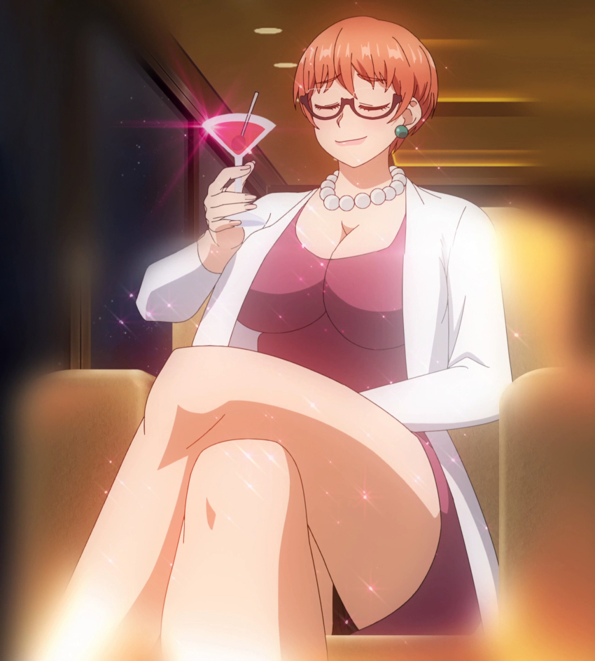 1girl absurdres anime_screenshot bare_legs breasts cleavage closed_eyes closed_mouth coat crossed_legs cup dress drinking_glass earrings elf-san_wa_yaserarenai. feet_out_of_frame female_focus highres holding holding_cup ino_akiho jewelry large_breasts long_sleeves necklace orange_hair pearl_earrings pearl_necklace purple_dress short_hair sitting solo sparkle stitched thighs third-party_edit white_coat wine_glass