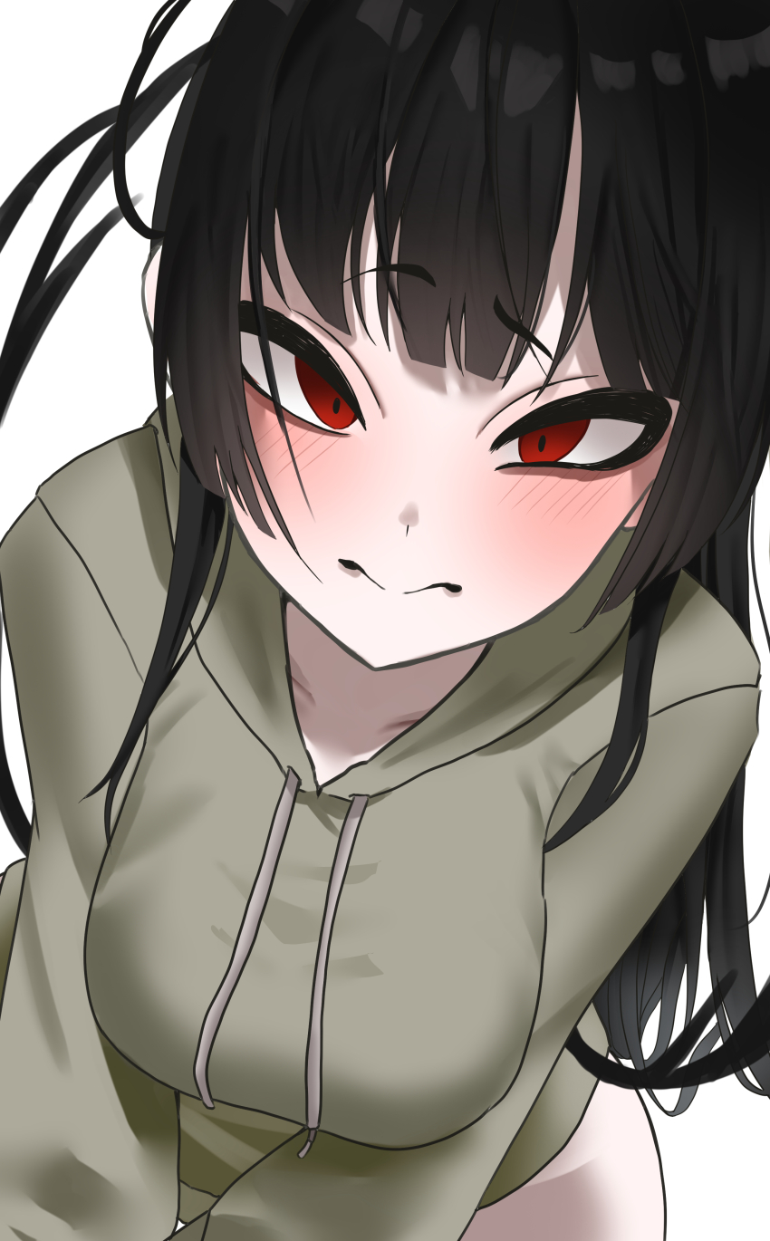 1girl absurdres black_hair blue_archive blush cheru_blac closed_mouth drawstring grey_hoodie highres hood hood_down hoodie leaning_forward long_hair looking_at_viewer pale_skin red_eyes solo tsurugi_(blue_archive)