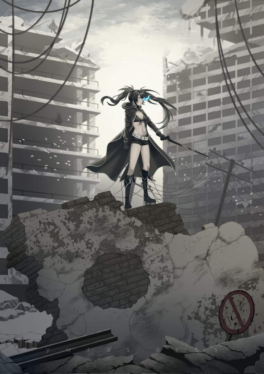 1girl belt black_choker black_coat black_gloves black_gold_saw black_hair black_rock_shooter black_rock_shooter_(character) black_shorts blue_eyes boots choker city coat commentary commission dead_master english_commentary flaming_eye gloves glowing glowing_eye highres pale_skin ruins shorts strength_(black_rock_shooter) sword twintails uneven_twintails weapon yura_s_arts