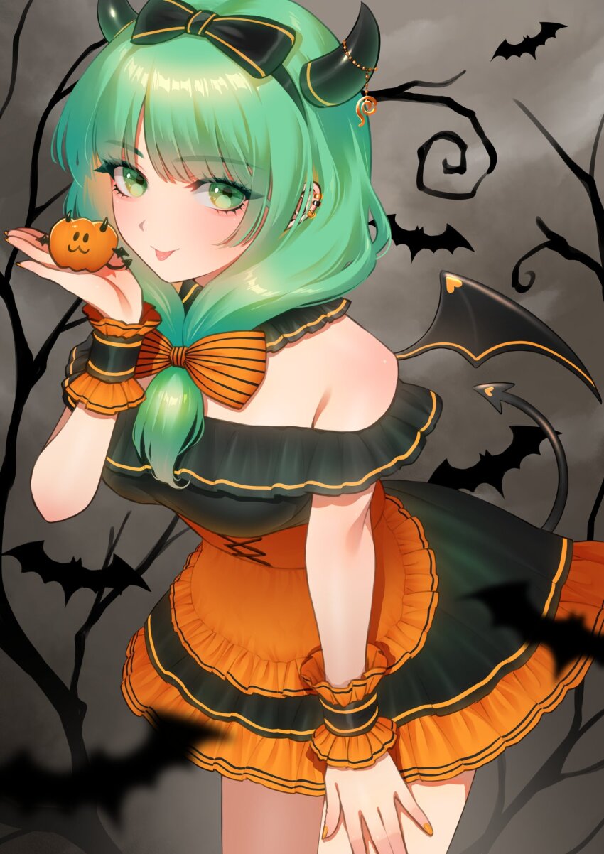 1girl apron bare_tree bat_(animal) bat_wings black_bow black_dress black_hairband black_horns bow commentary_request cross-laced_footwear demon_tail dress fake_horns fake_tail fingernails front_ponytail green_eyes green_hair hair_bow hairband halloween halloween_costume highres horns jack-o&#039;-lantern kageharu kagiyama_hina leaning_forward long_hair navel orange_apron orange_bow orange_dress orange_nails orange_wristband solo tail tongue tongue_out touhou tree underbust waist_apron wings