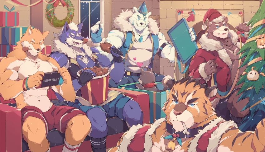 5boys abs animal_ears bara bear_boy bear_ears bell bernard_(gyee) blue_fur blue_shorts bulge chang_(gyee) character_request chicken_(food) christmas christmas_tree dog_boy dog_ears food furry furry_male gyee hat highres kemonomimi_mode looking_at_viewer male_focus multiple_boys muscular muscular_male navel neck_bell orange_fur pectorals red_shorts santa_costume santa_hat selfie short_hair shorts sitting smile stomach tengo_(maotengo) topless_male white_fur wolf_boy yang_(gyee)