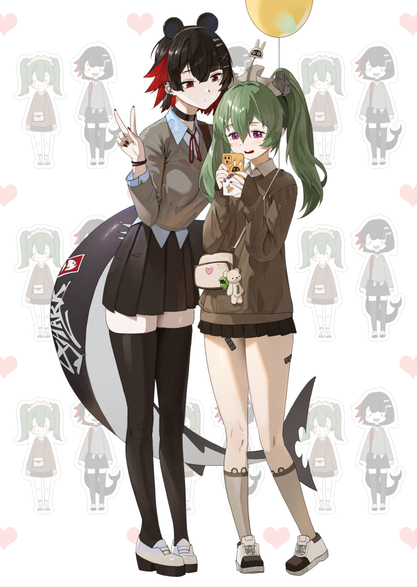 2girls absurdres alternate_costume animal_ear_hairband animal_ears balloon black_choker black_hair black_skirt black_thighhighs brown_socks brown_sweater character_sticker choker colored_inner_hair corin_wickes ellen_joe fake_animal_ears green_hair hairband highres holding holding_balloon maid_headdress midfinger multicolored_hair multiple_girls pleated_skirt red_eyes red_hair school_uniform shirt shoes skirt socks sweater thighhighs v white_background white_footwear white_shirt zenless_zone_zero