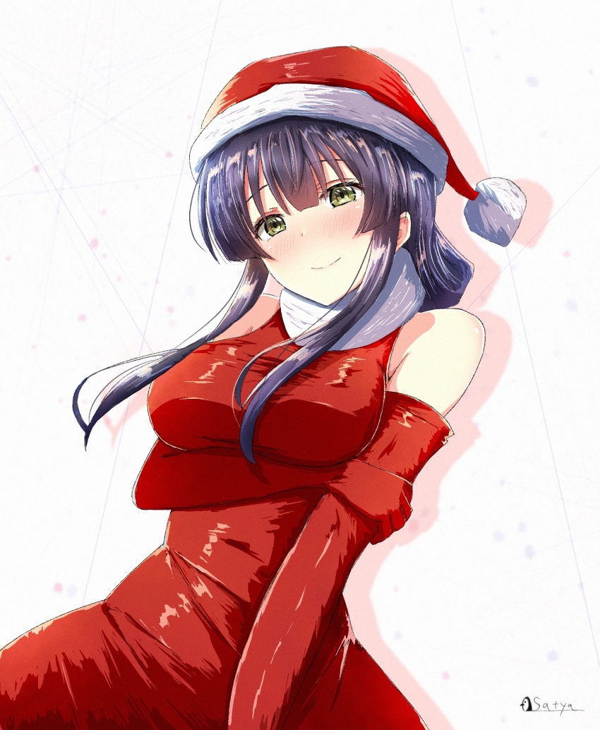 1girl artist_name bare_shoulders black_hair blush breasts christmas closed_mouth commentary_request cowboy_shot dress drop_shadow elbow_gloves folded_ponytail furrowed_brow gloves green_eyes hat highres holding_own_arm large_breasts looking_at_viewer purple_hair red_dress red_gloves santa_costume santa_hat satya sidelocks simple_background sleeveless sleeveless_dress smile solo toji_no_miko voice_actor_connection waki_azumi white_background yanase_mai