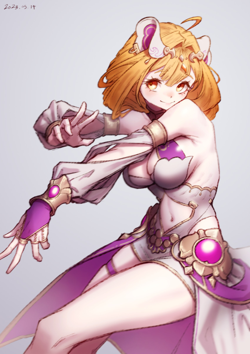 1girl ahoge ancient_egyptian_clothes bare_shoulders blonde_hair breasts closed_mouth clothing_cutout dated grey_background highres honkai_(series) honkai_impact_3rd junik_(snrj2255) large_breasts looking_at_viewer navel navel_cutout simple_background smile solo stomach susannah_manatt susannah_manatt_(valkyrie_quicksand) white_sleeves yellow_eyes