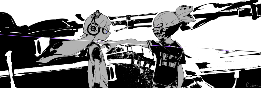 1boy 1girl bandana bandana_over_mouth basketball_uniform blue_eyes blunt_bangs glaring greyscale headphone-chan_(splatoon) headphones highres inkling inkling_boy inkling_girl inkling_player_character long_hair looking_at_another mask monochrome nintendo pointing pointy_ears purple_eyes scrunchie serious serizawa_nae shirt short_hair skull-kun_(splatoon) skull_print splatoon_(manga) splatoon_(series) splatoon_1 sportswear spot_color standing t-shirt tentacles topknot upper_body