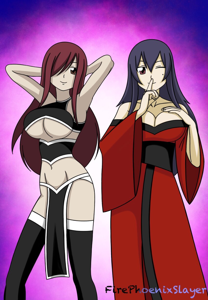 2girls bare_shoulders breasts cleavage collarbone cosplay eden&#039;s_zero erza_scarlet fairy_tail firephoenixslayer hair_over_one_eye highres homura_kogetsu irene_belserion_(cosplay) kurenai_kogetsu_(cosplay) large_breasts long_hair midriff mole mole_under_eye multiple_girls navel pelvic_curtain red_hair revealing_clothes thighhighs underboob