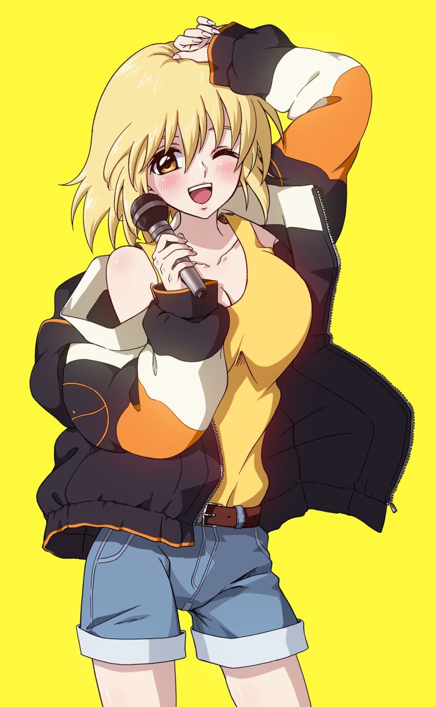 1girl blonde_hair blush breasts cagalli_yula_athha gundam gundam_seed gundam_seed_freedom highres jacket looking_at_viewer microphone open_mouth saeka shirt short_hair shorts smile solo yellow_eyes