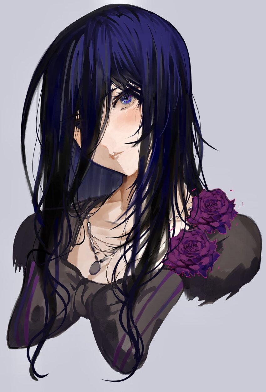 1girl blue_eyes blue_hair blush closed_mouth commentary english_commentary flower full_body grey_background highres jewelry long_hair looking_at_viewer original pendant portrait purple_flower simple_background solo tomatolover16 upper_body