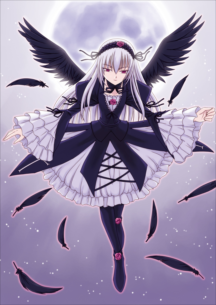 00s 1girl absurdres boots feathers female_focus flower frills full_body gothic_lolita hairband highres lolita_fashion moon orebalgum red_eyes rose rozen_maiden solo suigintou white_hair wings