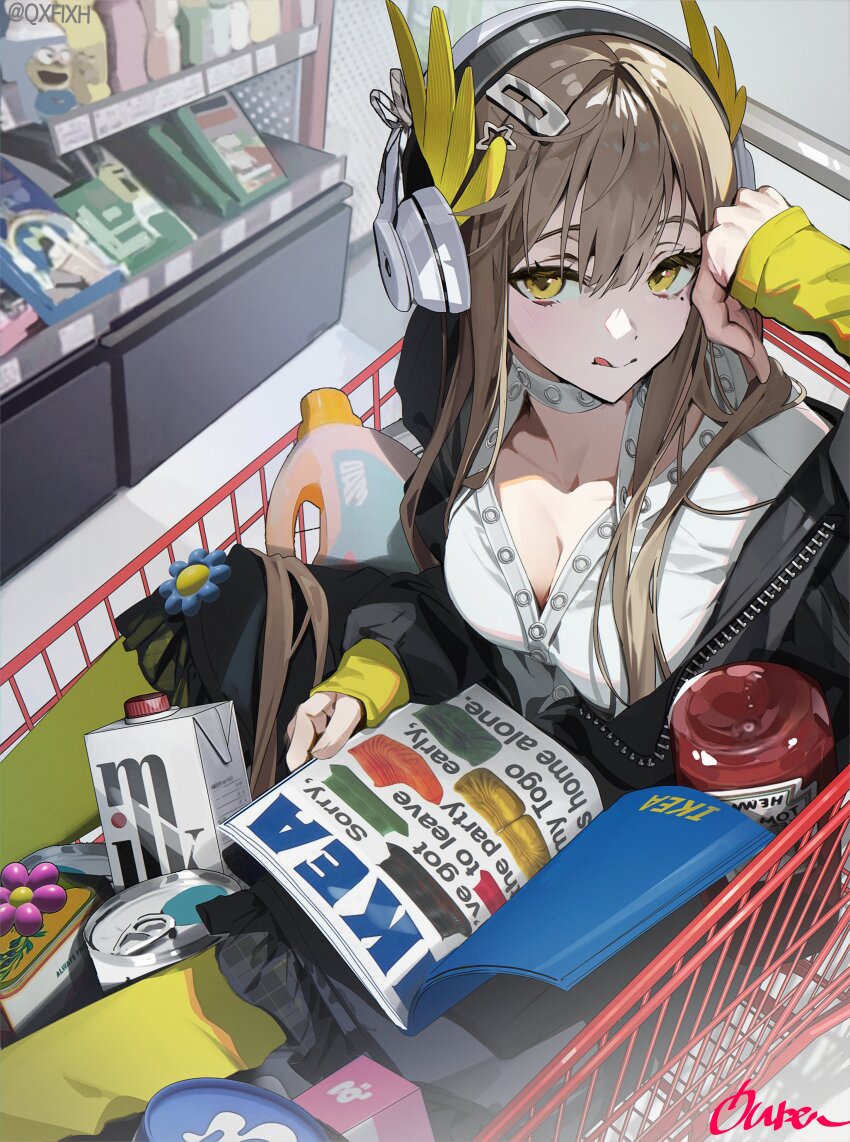 1girl :d absurdres alternate_costume arknights black_jacket book breasts brown_hair cleavage detergent elf english_text grocery_store hair_between_eyes hair_ornament hairclip headphones heinz highres holding holding_book ikea in_shopping_cart indoors jacket ketchup_bottle large_breasts laurel_crown long_hair long_sleeves looking_at_viewer milk_carton mole mole_under_eye muelsyse_(arknights) open_clothes open_jacket open_mouth pointy_ears qure_(qxfixh) shirt signature smile solo star_(symbol) star_hair_ornament unzipped white_shirt yellow_arm_warmers yellow_eyes