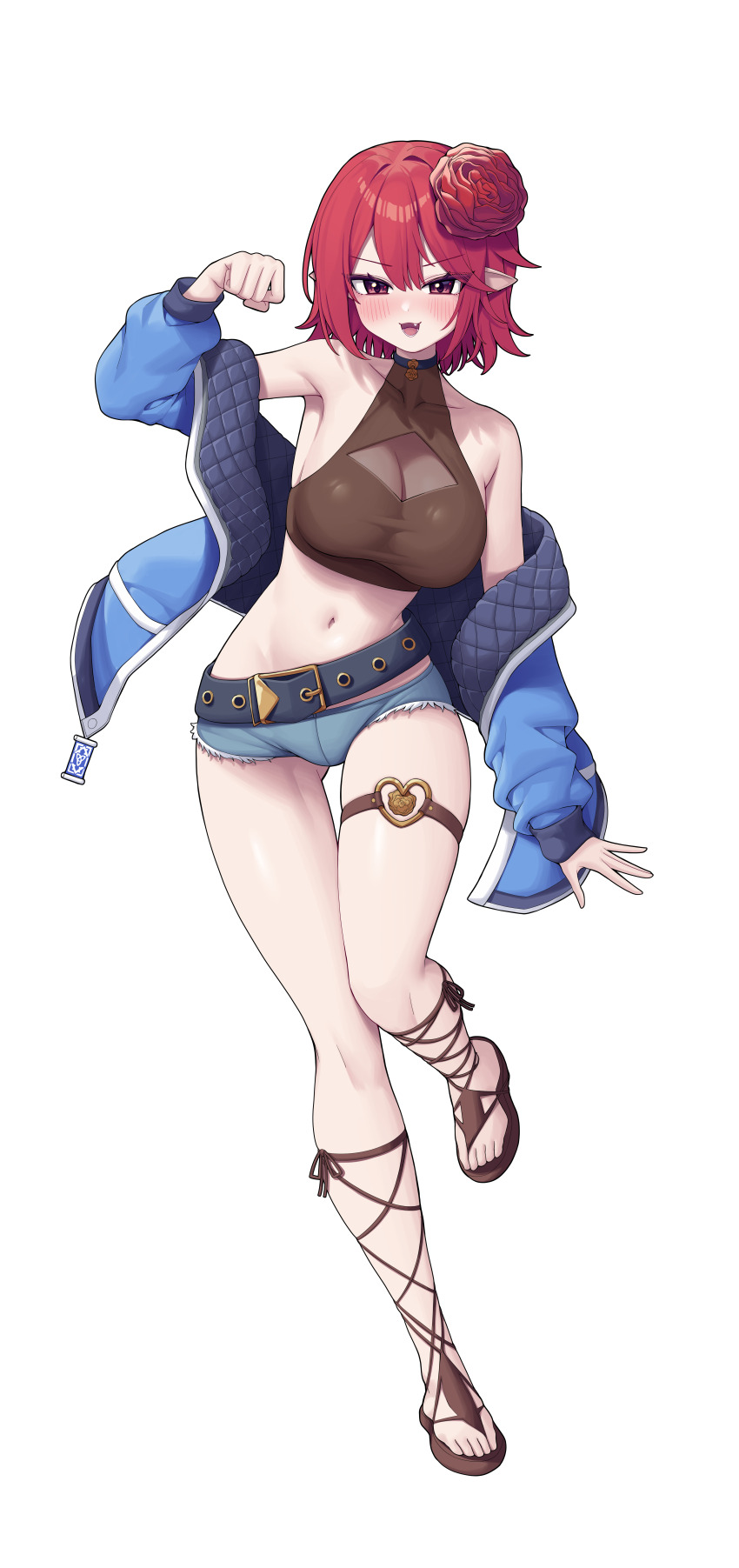 1girl absurdres arm_up armpits bare_shoulders belt black_choker blue_jacket blue_shorts breasts brown_shirt choker cleavage cleavage_cutout clenched_hand clothing_cutout commentary_request commission crop_top cutoffs denim denim_shorts dungeon_and_fighter fang female_mage_(dungeon_and_fighter) flower full_body hair_flower hair_ornament heart highres incredibly_absurdres jacket korean_commentary large_breasts leg_up long_sleeves looking_at_viewer mage_(dungeon_and_fighter) metaljelly micro_shorts midriff navel off_shoulder open_clothes open_jacket open_mouth original pointy_ears red_eyes red_hair sandals second-party_source see-through_cleavage see-through_clothes shirt short_hair shorts simple_background sleeveless sleeveless_shirt smile solo stomach summoner_(dungeon_and_fighter) taut_clothes taut_shirt thigh_strap thighs v-shaped_eyebrows white_background