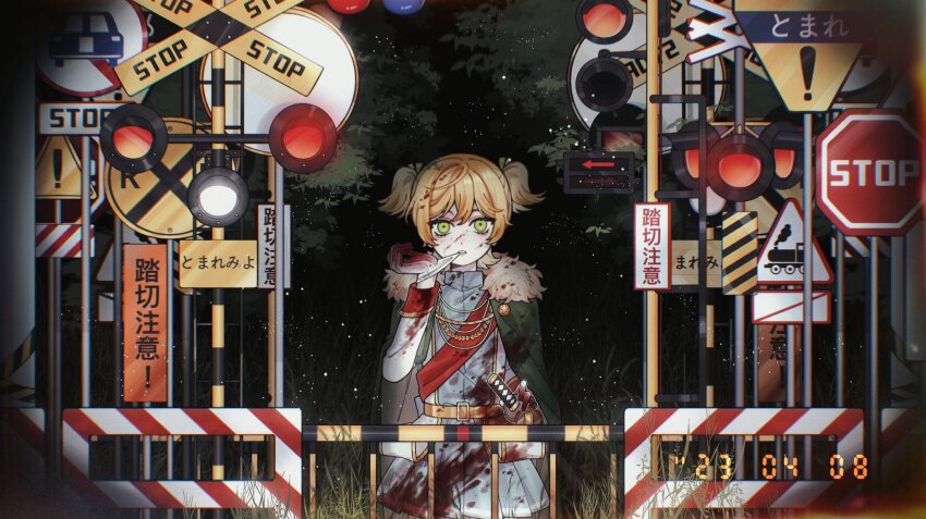 1girl aiguillette blonde_hair blood blood_on_clothes blood_on_face boom_barrier cape collar_chain_(jewelry) commentary cowboy_shot daiba_nana empty_eyes fur-trimmed_cape fur_trim glove_pull gloves gold_belt grass green_cape green_eyes hand_up highres jacket katana light_leak light_particles long_sleeves looking_at_viewer mouth_hold night no_entry_sign outdoors railroad_crossing railroad_signal road_sign sash sheath sheathed short_hair short_twintails shoujo_kageki_revue_starlight shoulder_sash sign solo standing staring stop_sign straight-on sword symbol-only_commentary timestamp too_many_signs tree twintails umi_usagi_(tako46065430) weapon white_gloves white_jacket