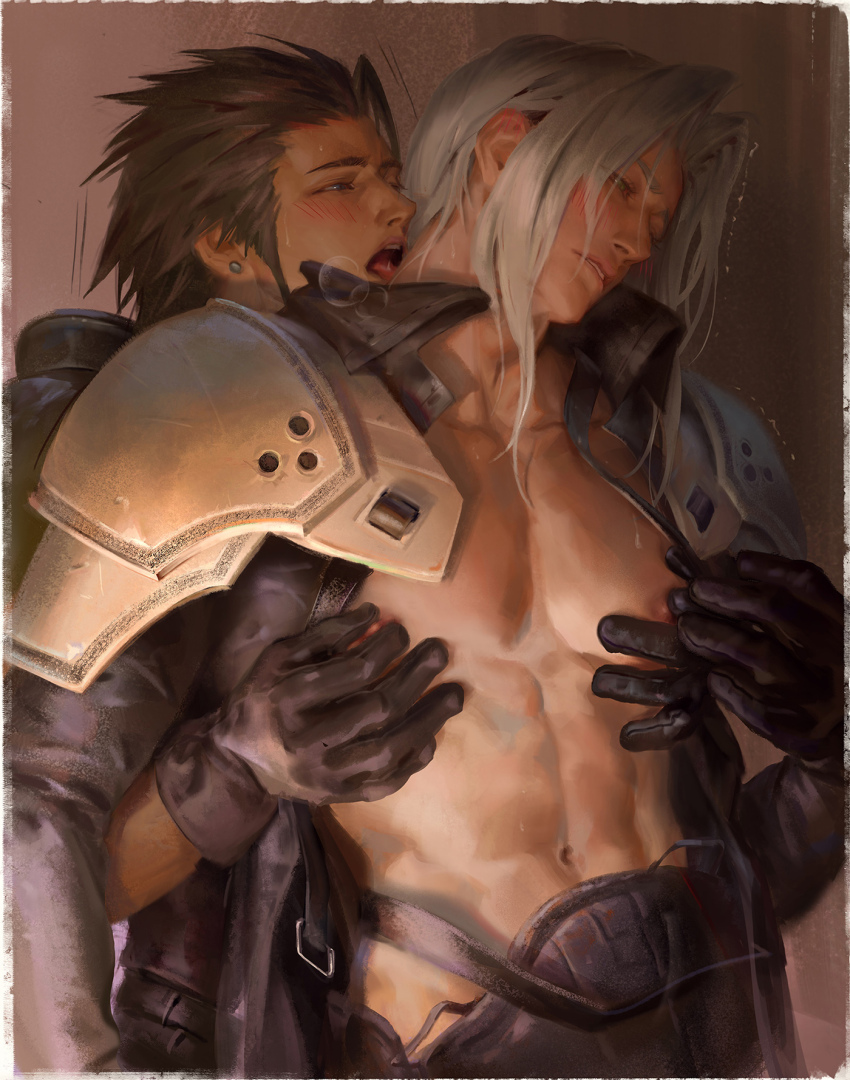 2boys black_gloves black_hair blue_eyes blush crisis_core_final_fantasy_vii earrings final_fantasy final_fantasy_vii gloves grey_hair groping heavy_breathing highres hug jacket jewelry licking licking_another&#039;s_neck long_hair luluzhang998873 male_focus multiple_boys navel nipple_pull nipple_stimulation nipple_tweak nipples open_clothes open_jacket open_mouth parted_lips pectorals sephiroth shaking short_hair single_earring spiked_hair steam sweat tongue tongue_out yaoi zack_fair