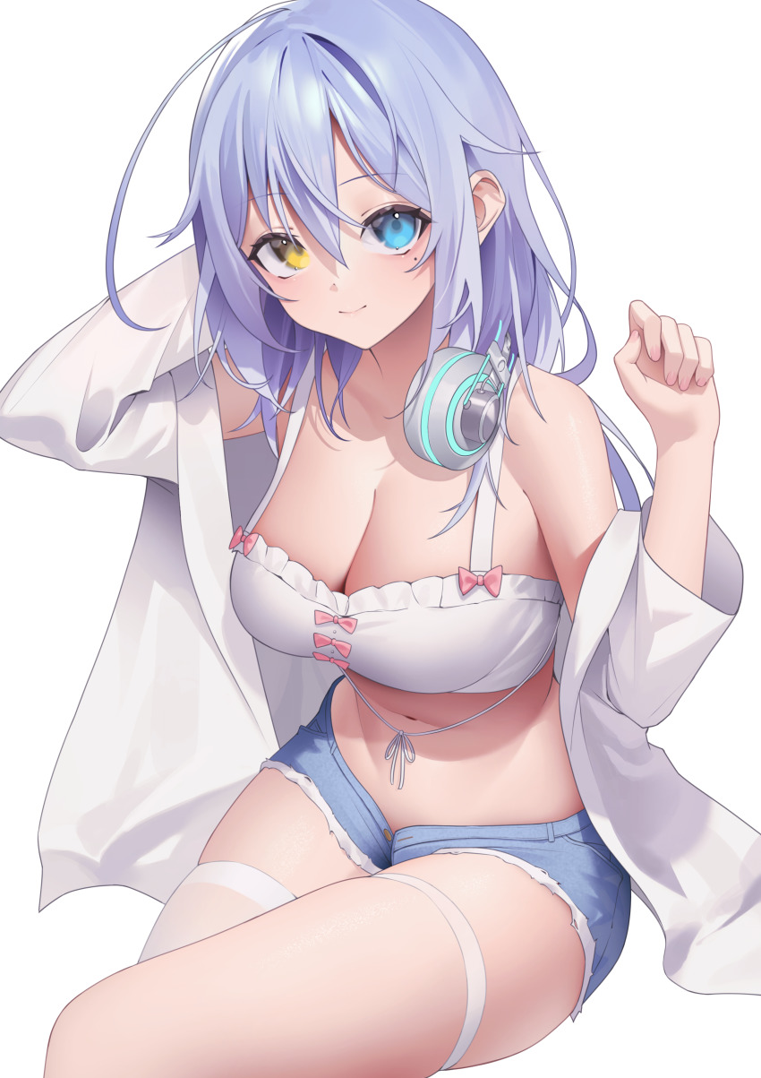 1girl absurdres ahoge asagi_shiki aya_(lezon) bare_shoulders blue_eyes blue_shorts breasts cleavage commission crop_top cutoffs denim denim_shorts headphones headphones_around_neck heterochromia highres indie_virtual_youtuber jacket large_breasts long_hair looking_at_viewer micro_shorts midriff mole mole_under_eye navel off_shoulder open_clothes open_fly open_jacket pixiv_commission purple_hair short_shorts shorts simple_background single_thighhigh skindentation sleeveless smile solo stomach thigh_strap thighhighs thighs virtual_youtuber white_background white_jacket white_thighhighs yellow_eyes