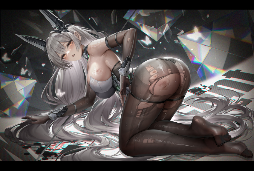 1girl absurdly_long_hair all_fours animal_ears ass bare_shoulders black_gloves black_leotard blush breasts bug butterfly crosscore d._(ddot2018) elbow_gloves feet full_body gloves grey_hair headgear highres insect large_breasts legs leotard letterboxed long_hair looking_at_viewer looking_back no_shoes open_mouth pantyhose sideboob slap_mark soles solo thigh_strap thighs toes torn_clothes torn_pantyhose very_long_hair yellow_eyes