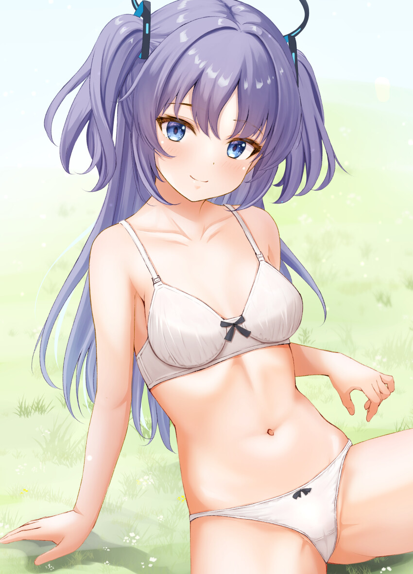 1girl absurdres arm_support bare_arms bare_shoulders black_bow blue_archive blue_eyes blush bow bow_bra bow_panties bra breasts ca_paria closed_mouth crotch_seam hair_ornament highres looking_at_viewer matching_underwear medium_breasts navel outdoors paid_reward_available panties purple_hair sitting smile solo stomach two_side_up underwear underwear_only white_bra white_panties yuuka_(blue_archive)