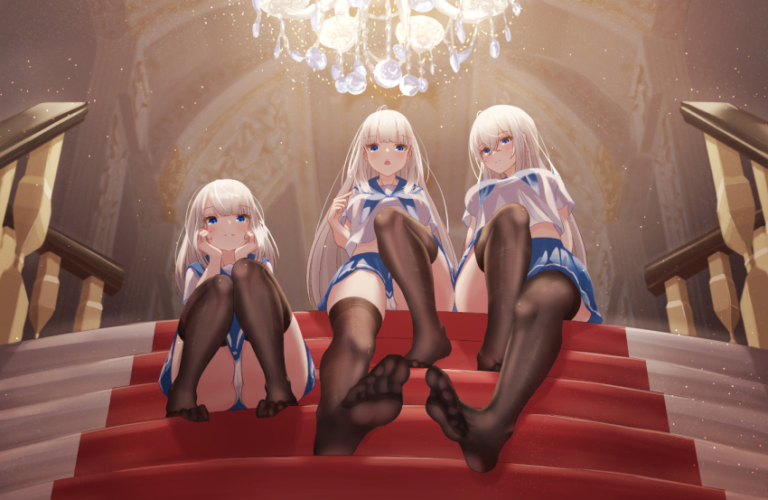 3girls architecture black_legwear blue_eyes blue_neckerchief blue_sailor_collar blue_skirt blunt_bangs blush breasts curvy foot_focus foreshortening indoors large_breasts long_hair looking_at_viewer multiple_girls neckerchief no_shoes original panties parted_bangs ping9137 pleated_skirt sailor_collar school_uniform serafuku sitting skirt soles thick_thighs thighhighs thighs toes underwear white_hair white_panties white_serafuku