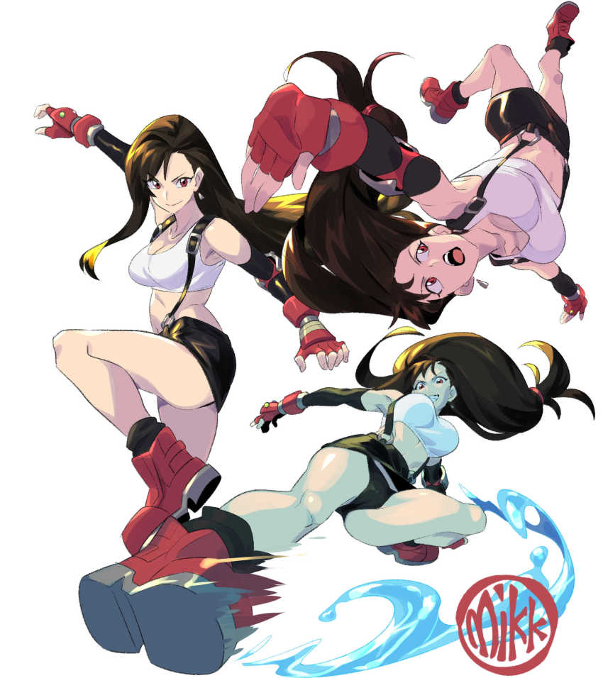 1girl absurdres armpits ass bare_legs bare_shoulders black_hair black_panties black_skirt breasts brown_eyes earrings elbow_pads fighting_stance final_fantasy final_fantasy_vii floating_earring floating_hair gloves highres jewelry long_hair midriff mikkusushi miniskirt panties shoes simple_background skirt suspender_skirt suspenders swept_bangs tank_top thighs tifa_lockhart underwear white_background