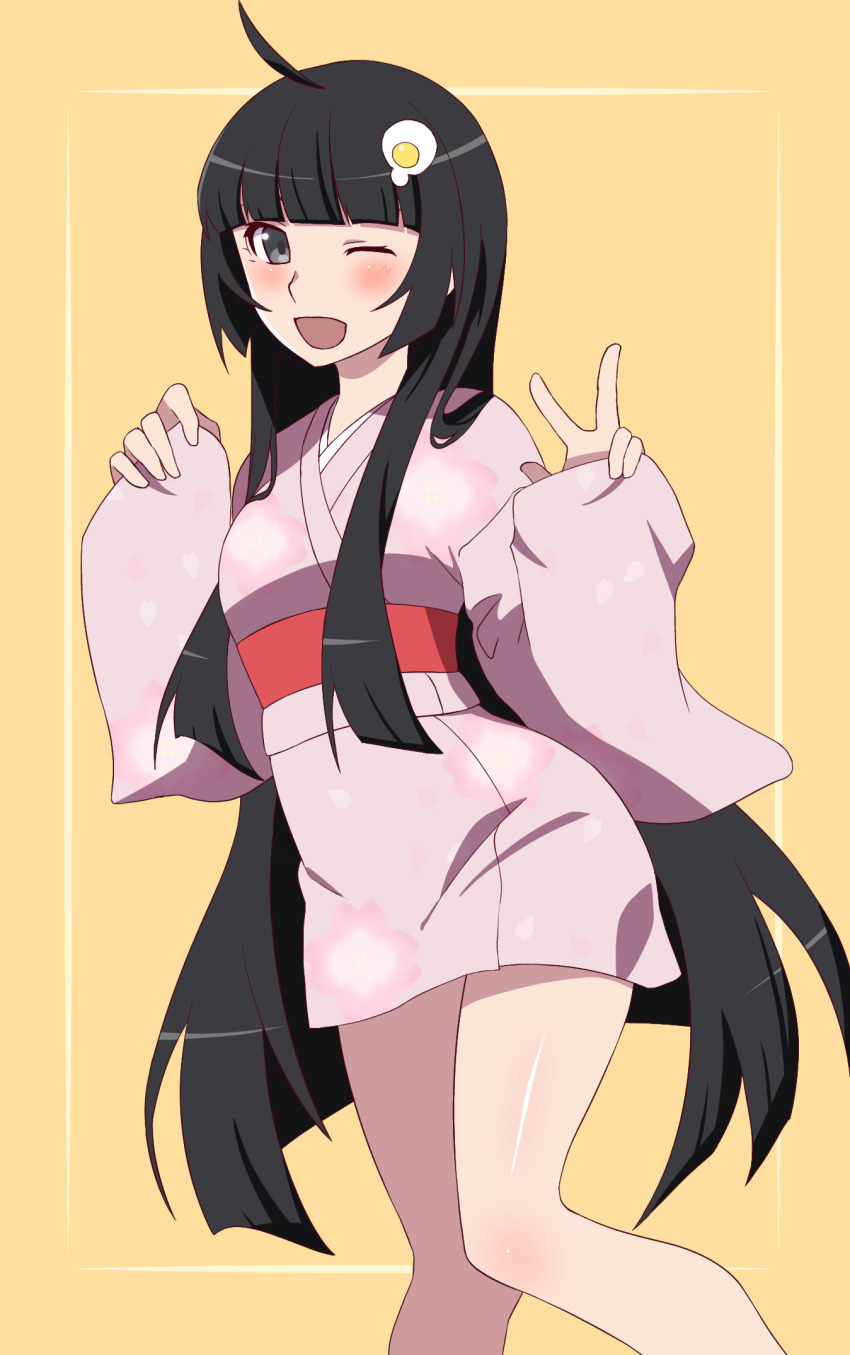 :d ahoge albino_oscar araragi_tsukihi black_eyes black_hair blunt_bangs blunt_sidelocks blush border breasts commentary curled_fingers egg_hair_ornament feet_out_of_frame food-themed_hair_ornament fried_egg from_side hair_ornament hair_over_one_eye hands_up highres hime_cut japanese_clothes kimono knees_together_feet_apart long_hair long_sleeves looking_at_viewer looking_to_the_side medium_breasts monogatari_(series) obi one_eye_closed open_mouth outside_border red_sash sash short_kimono sleeves_past_wrists smile v very_long_hair w_arms white_border yellow_background