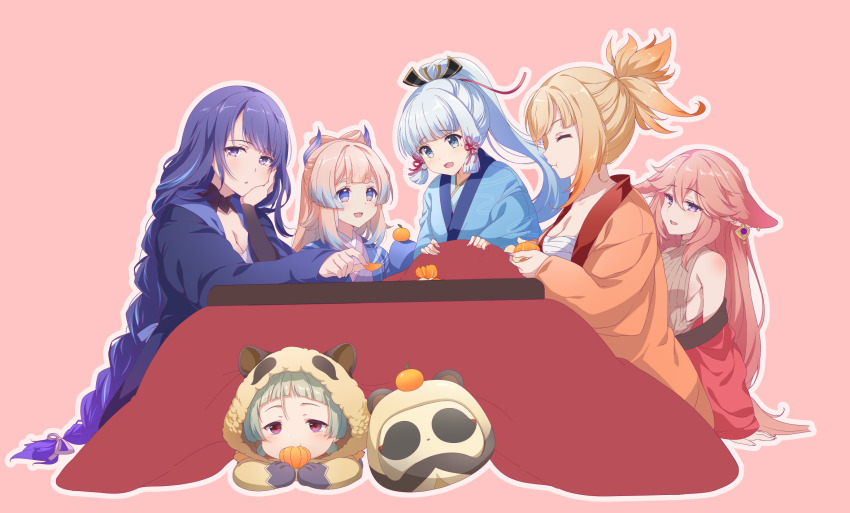 6+girls amakarashi animal_ears ayaka_(genshin_impact) bad_id bad_pixiv_id black_kimono blonde_hair blue_hair blue_kimono breasts chest_sarashi cleavage closed_eyes colored_tips earrings ears_through_hood eating food fruit genshin_impact green_hair grey_eyes hair_ribbon hand_on_own_cheek hand_on_own_face highres japanese_clothes jewelry kimono kotatsu long_braid mandarin_orange mole mole_under_eye multicolored_hair multiple_girls orange_hair outline pink_background pink_eyes pink_hair pink_ribbon purple_eyes purple_hair raccoon_ears raiden_shogun ribbon sangonomiya_kokomi sarashi sayu_(genshin_impact) streaked_hair table under_kotatsu under_table white_outline white_ribbon yae_miko yoimiya_(genshin_impact)