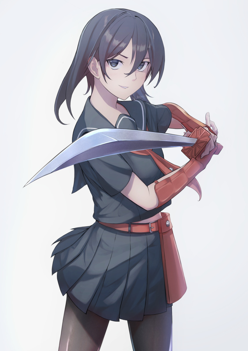 1girl akame_ga_kill! black_hair black_pantyhose black_sailor_collar black_serafuku black_shirt black_skirt blue_eyes collared_shirt cowboy_shot grin hair_between_eyes highres holding holding_sword holding_weapon katana kurome_(akame_ga_kill!) long_hair looking_at_viewer miniskirt najendasan pantyhose pleated_skirt sailor_collar sailor_shirt school_uniform serafuku shiny_clothes shiny_legwear shirt short_sleeves simple_background skirt smile solo standing sword twintails weapon white_background