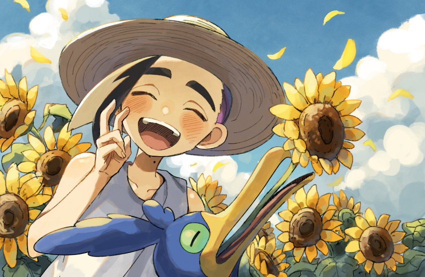 1boy bird black_hair blue_sky brown_hat closed_eyes cloud cramorant creatures_(company) day eating_flower facing_viewer flower game_freak gen_8_pokemon hat highres kieran_(pokemon) leaf leaning_to_the_side male_focus matsuda_(0yx38755230263c) mole mole_on_neck multicolored_hair nintendo open_mouth outdoors petals pokemon pokemon_(creature) pokemon_sv purple_hair sky smile straight-on sun_hat sunflower tank_top white_tank_top