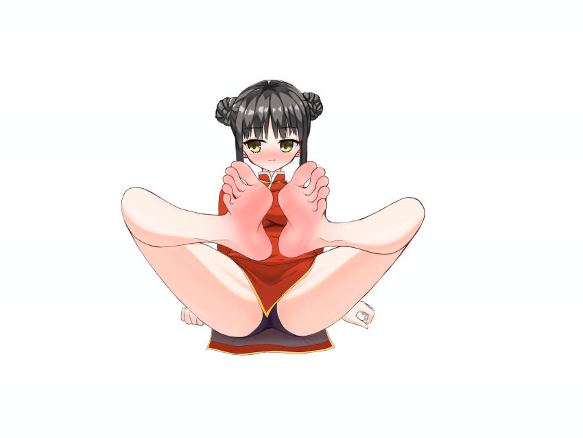 1girl absurdres barefoot black_hair blush china_dress chinese_clothes double_bun dress feet hair_bun highres long_hair looking_to_the_side panties pantyshot soles toes tsukasa49003 underwear yellow_eyes