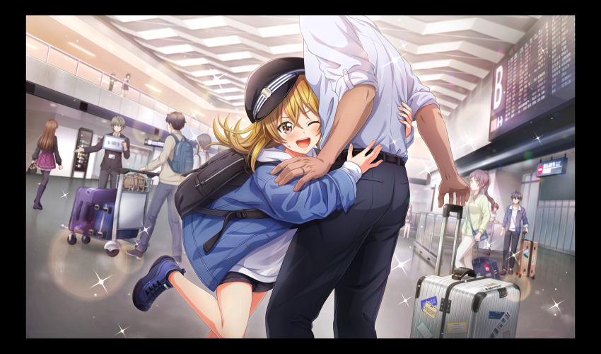 ;d airport belt black_belt black_border black_hat black_pants black_shorts blonde_hair blue_footwear blue_hood border brown_eyes cinderella_series dutch_angle gakuseibou game_cg hachigatsu_no_cinderella_nine hat highres hug indoors iwaki_yoshimi lens_flare long_hair long_sleeves multiple_boys multiple_girls non-web_source official_art one_eye_closed open_mouth pants shirt shoes shorts smile sneakers sparkle suitcase white_shirt