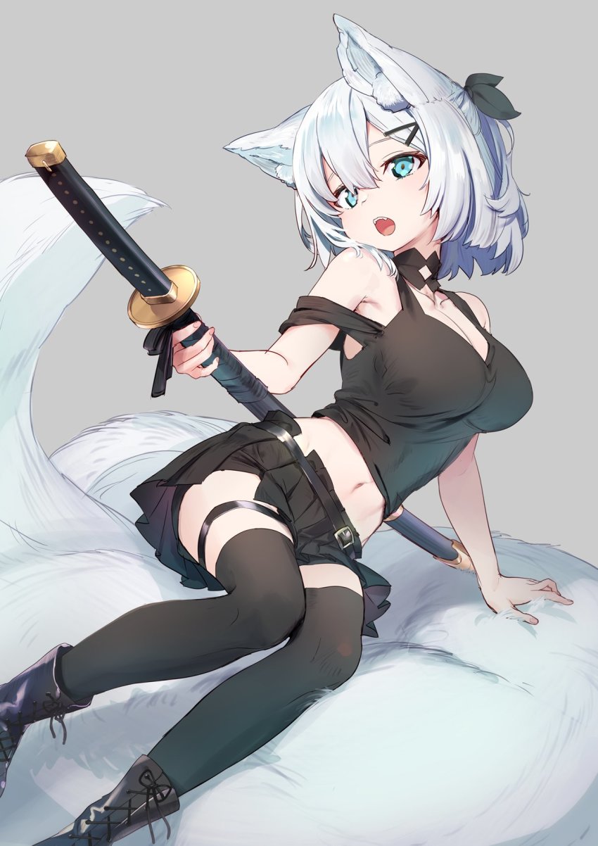 1girl animal_ears aqua_eyes ars_almal ars_almal_(2nd_costume) belt black_footwear black_skirt black_thighhighs boots breasts cleavage feet_out_of_frame hair_ornament hairclip highres holding holding_sword holding_weapon large_breasts midriff miniskirt navel negi_manjuu nijisanji off_shoulder open_mouth pleated_skirt short_hair sitting skirt solo sword thighhighs virtual_youtuber weapon white_hair