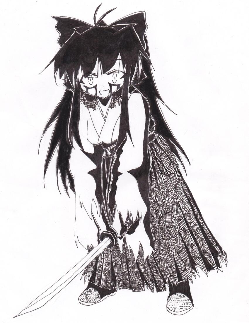 1girl absurdres artist_request black_hair blood bloody_tears breasts constricted_pupils crazy_eyes fighting_stance hair_ribbon highres japanese_clothes leaning_forward legs long_hair long_skirt medium_breasts monochrome open_mouth ponytail ribbon sakura_taisen sega shinguuji_sakura sketch skirt smile solo source_request sword thighs torn_clothes traditional_media weapon wide-eyed