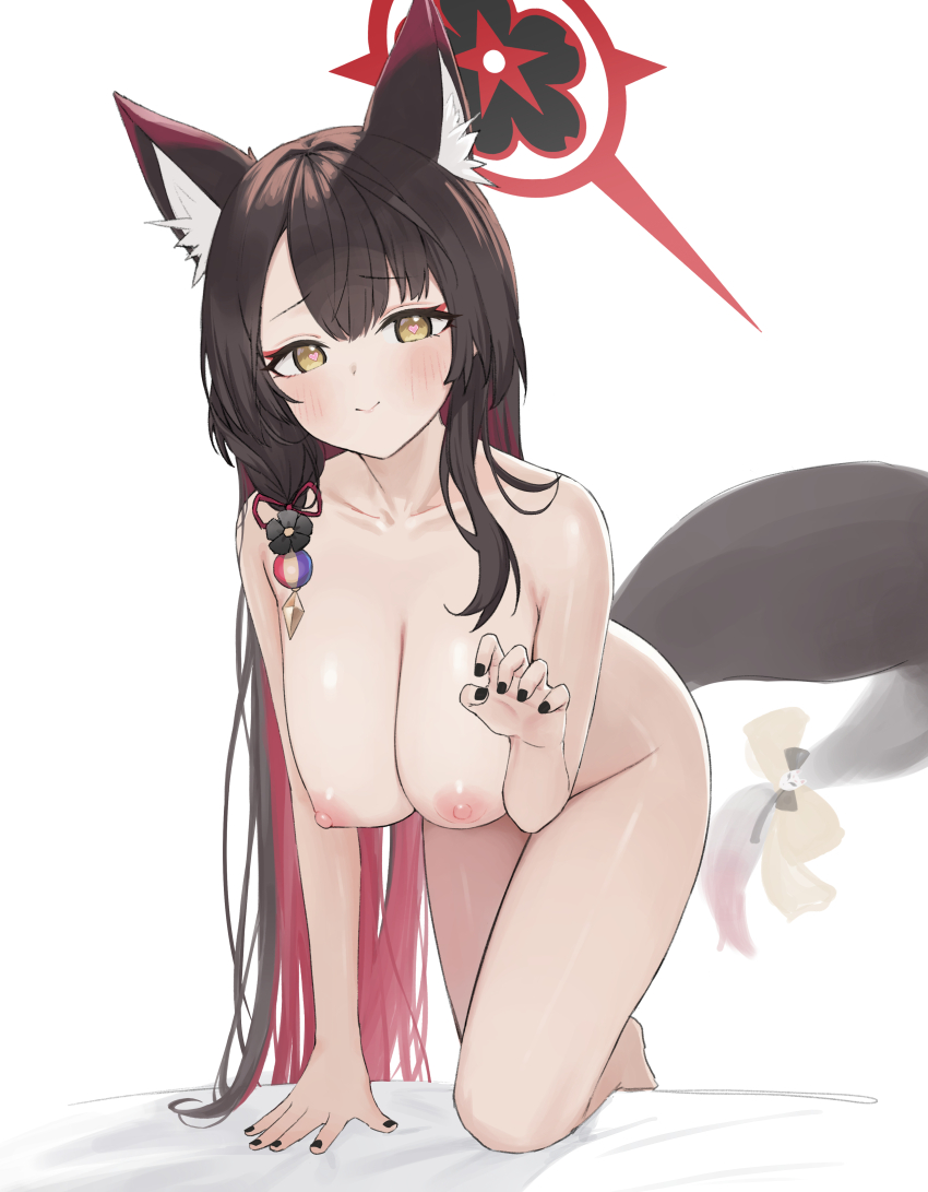 1girl aak absurdres all_fours animal_ear_fluff animal_ears black_hair black_nails blue_archive breasts closed_mouth colored_inner_hair commentary_request fox_ears fox_girl fox_tail halo hand_up heart heart-shaped_pupils highres large_breasts long_hair looking_at_viewer multicolored_hair nipples nude red_hair red_halo smile solo symbol-shaped_pupils tail very_long_hair wakamo_(blue_archive) yellow_eyes